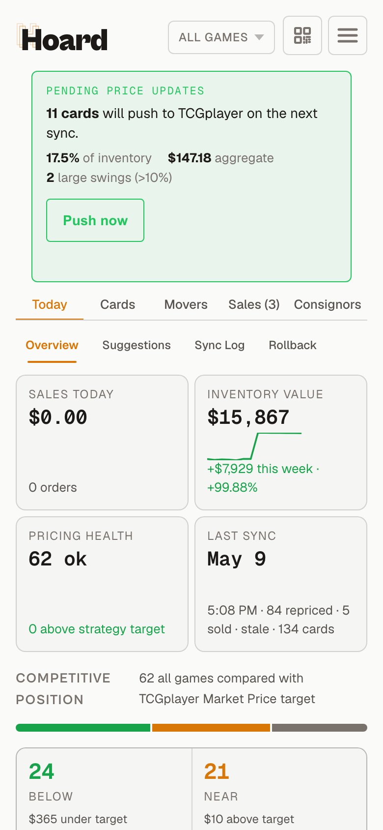 The Hoard dashboard on a phone, fully rendered with the header menu, the pending price updates card, and the Today tab stats