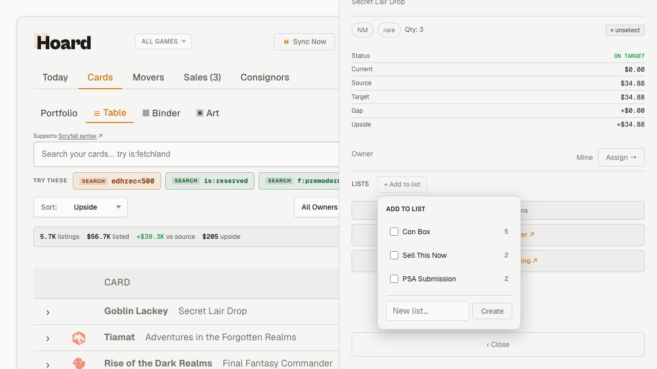 A card's detail panel showing the LISTS row with an Add to list checkbox picker open, letting you tick which lists the card belongs to