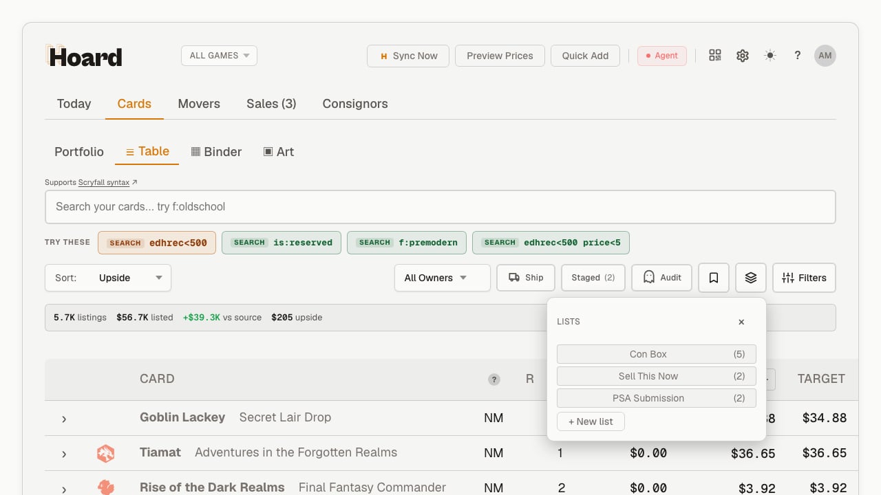 The Lists toolbar button open, showing the Lists popover with chips for Con Box, Sell This Now, and PSA Submission, plus a New list form