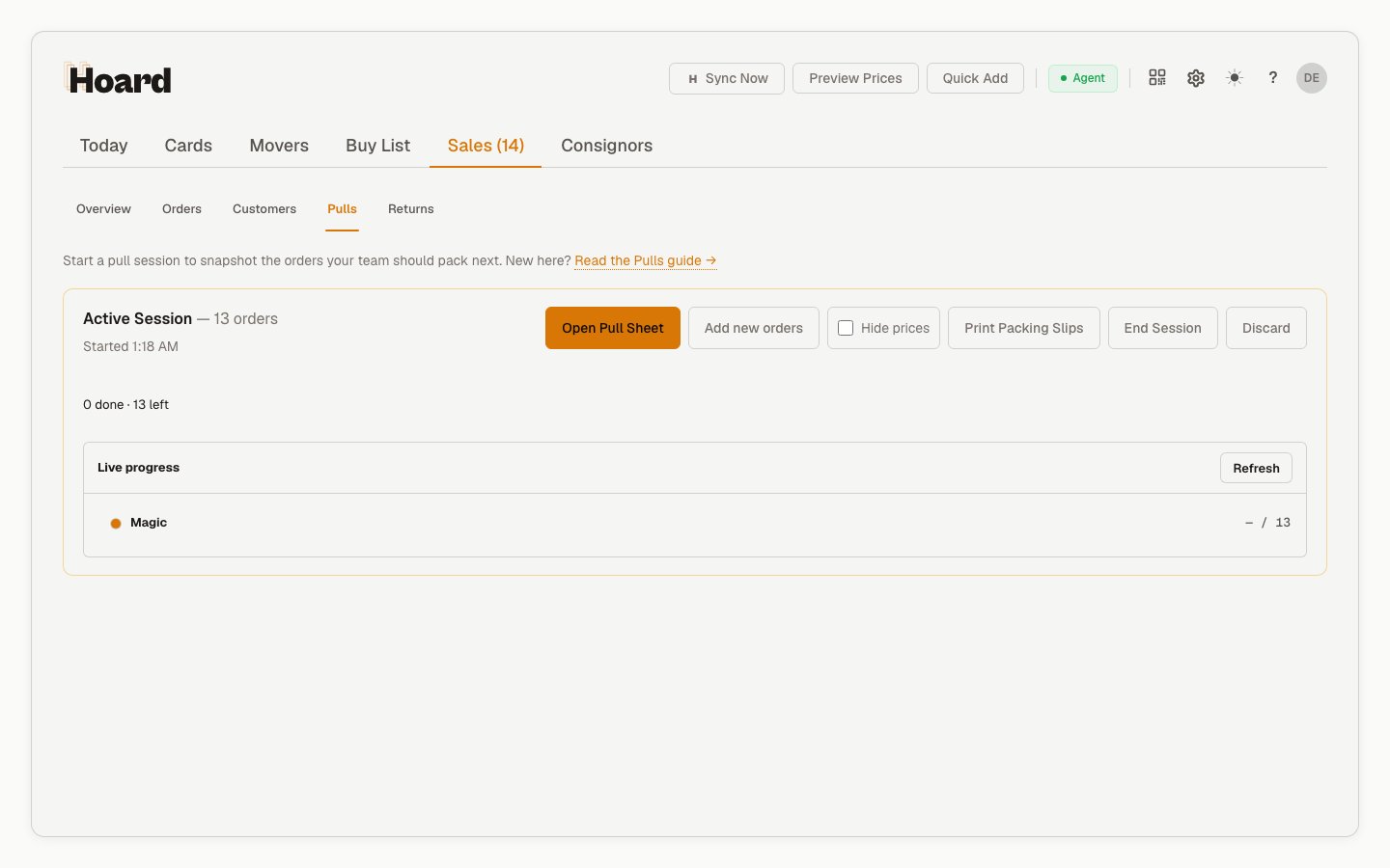 The Sales Pulls subtab with an active session: the order count, Open Pull Sheet / Print Packing Slips / End Session actions, a done-versus-left summary, and a Live progress panel with the per-game queue strip