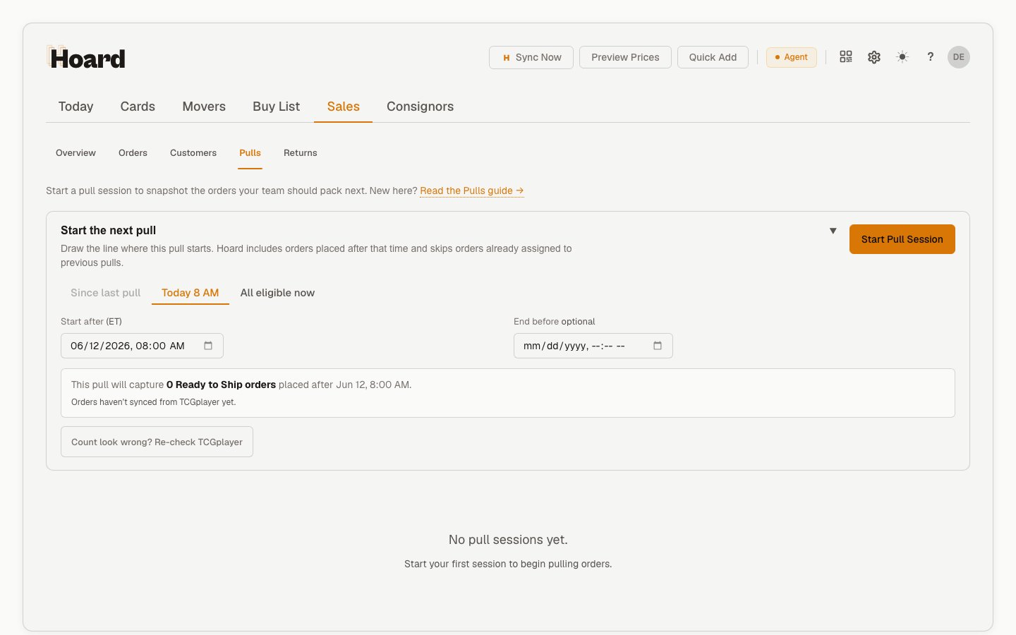 The Sales Pulls subtab with the Start the next pull panel open, showing the Since last pull / Today 8 AM / All eligible now start-point presets, the start/end date fields, a live count of orders that will be captured, and the Start Pull Session button