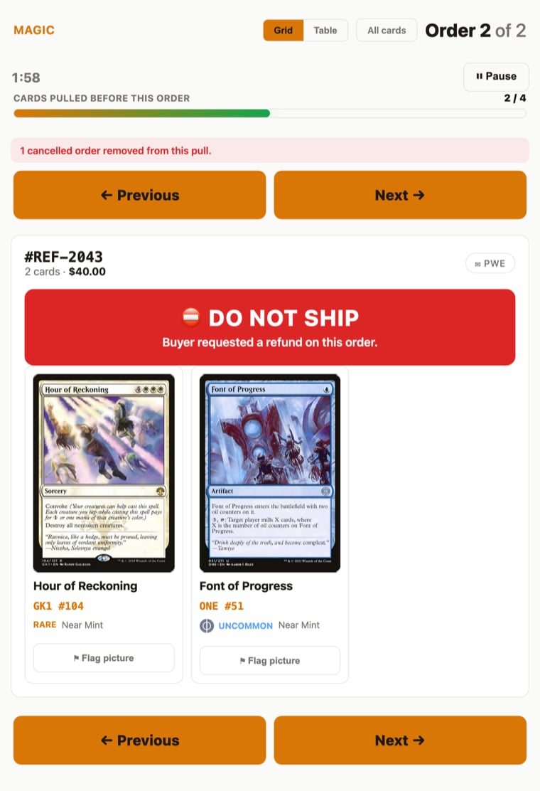 A pull order with a large red Do Not Ship banner reading 'Buyer requested a refund on this order', above a note that one cancelled order was removed from the pull