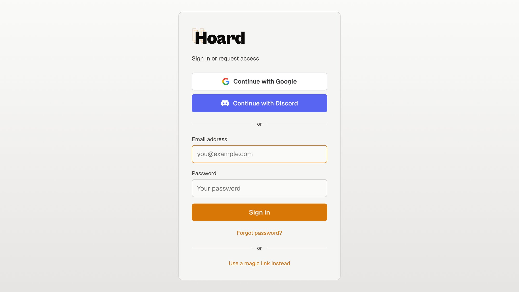 The Hoard sign-in page with Continue with Google and Continue with Discord buttons above the email and password fields