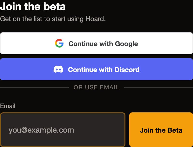 The Join the beta waitlist form with Google and Discord buttons above an email field