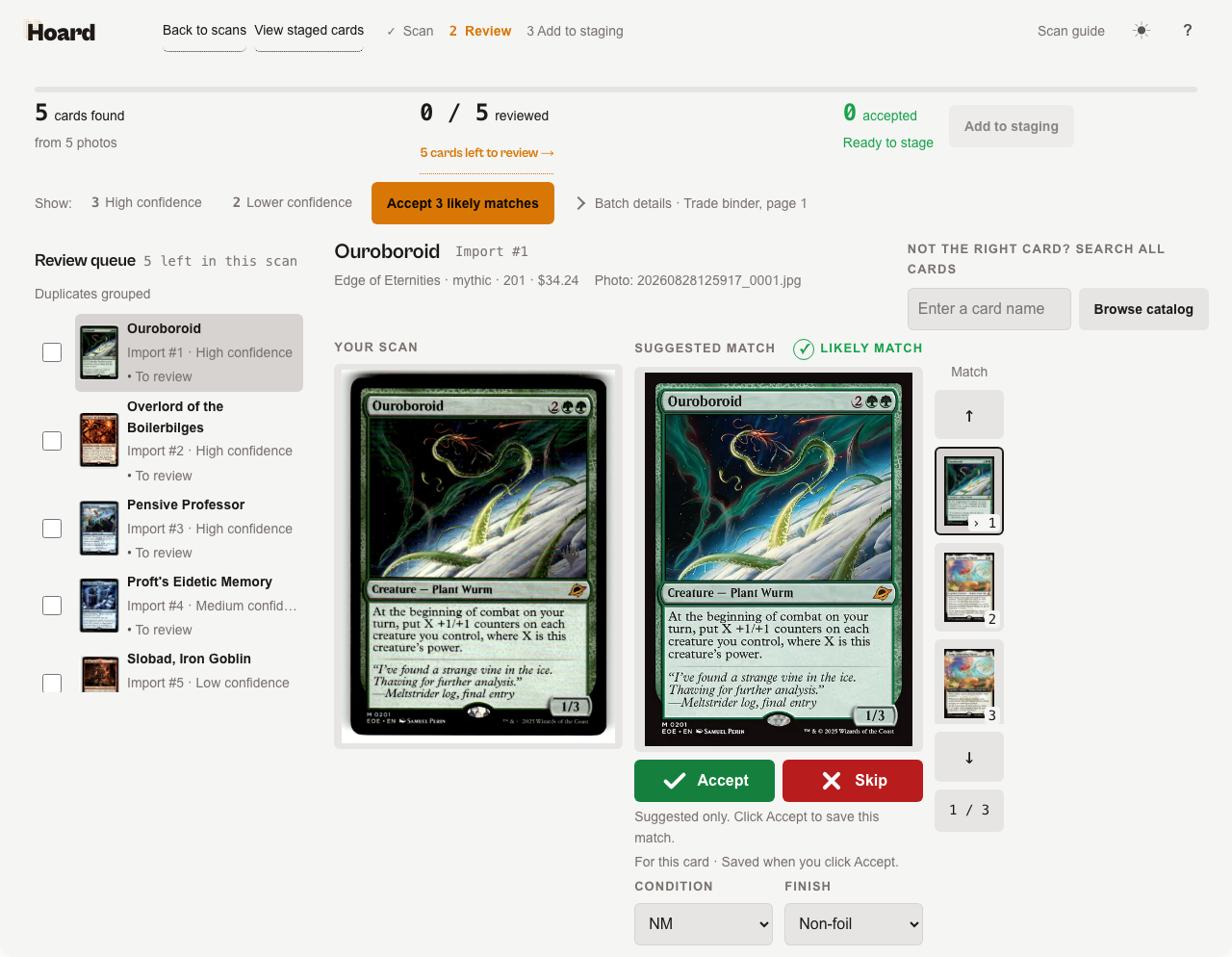 The review page mid-review, showing the queue, a card with a Likely match badge, the Match strip, and Browse catalog column