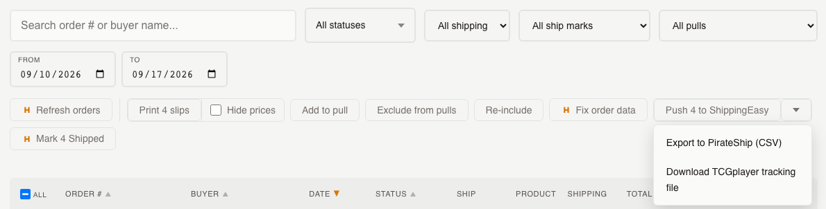 Orders tab with rows selected and the Labels control menu open