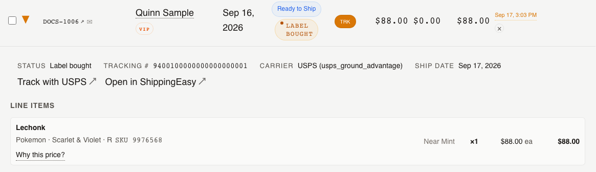 An order row on the Orders tab expanded to show its ShippingEasy shipment and tracking number