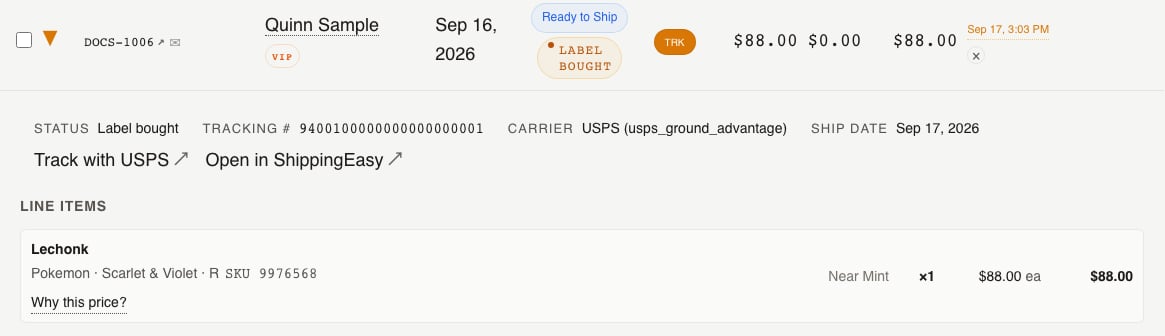 An order row on the Orders tab expanded to show its ShippingEasy shipment and tracking number