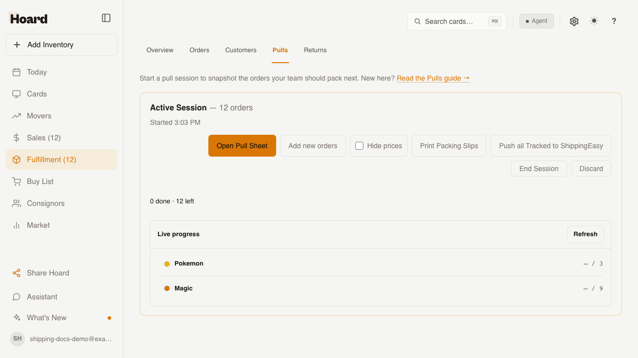 Fulfillment → Pulls active-session card with the Push all Tracked to ShippingEasy button