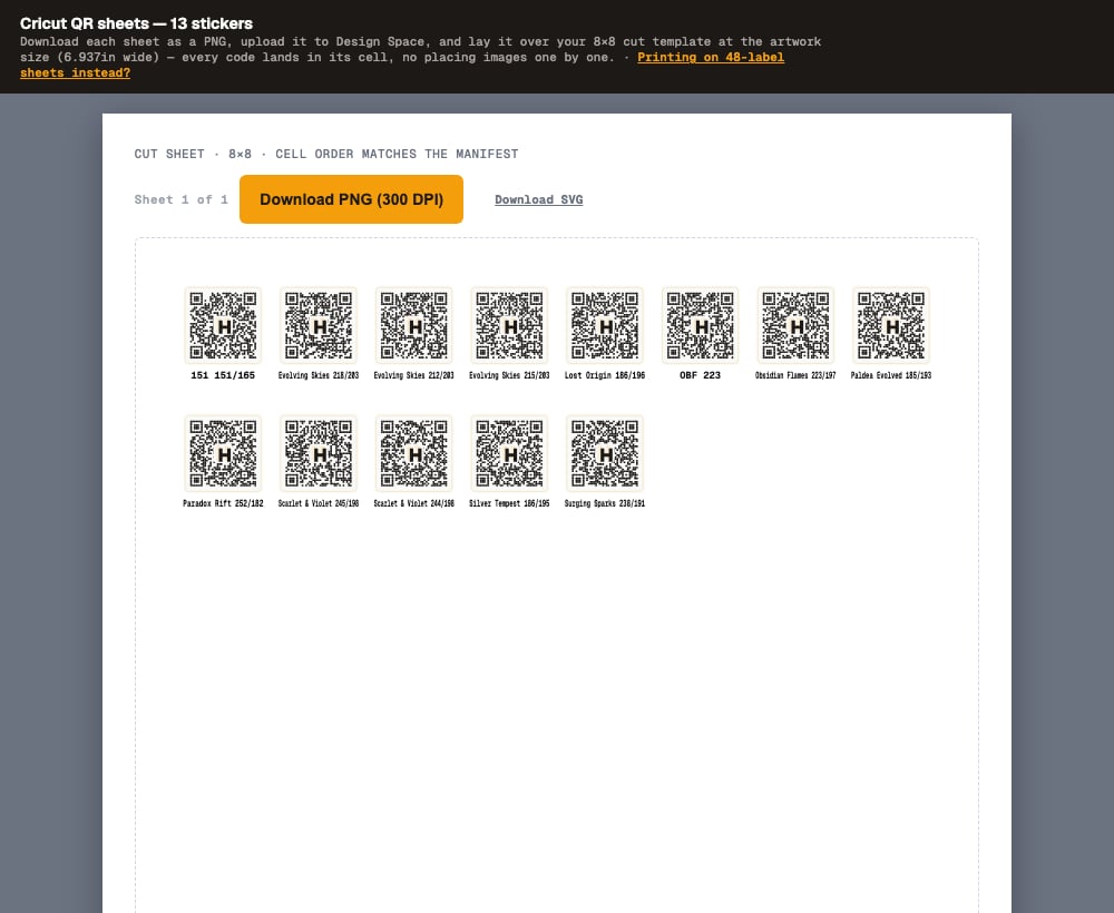 The Cricut sheet with a toolbar offering Download PNG 300 DPI and Download SVG buttons and a Printing on 48-label sheets instead link, above an 8 by 8 grid of QR codes