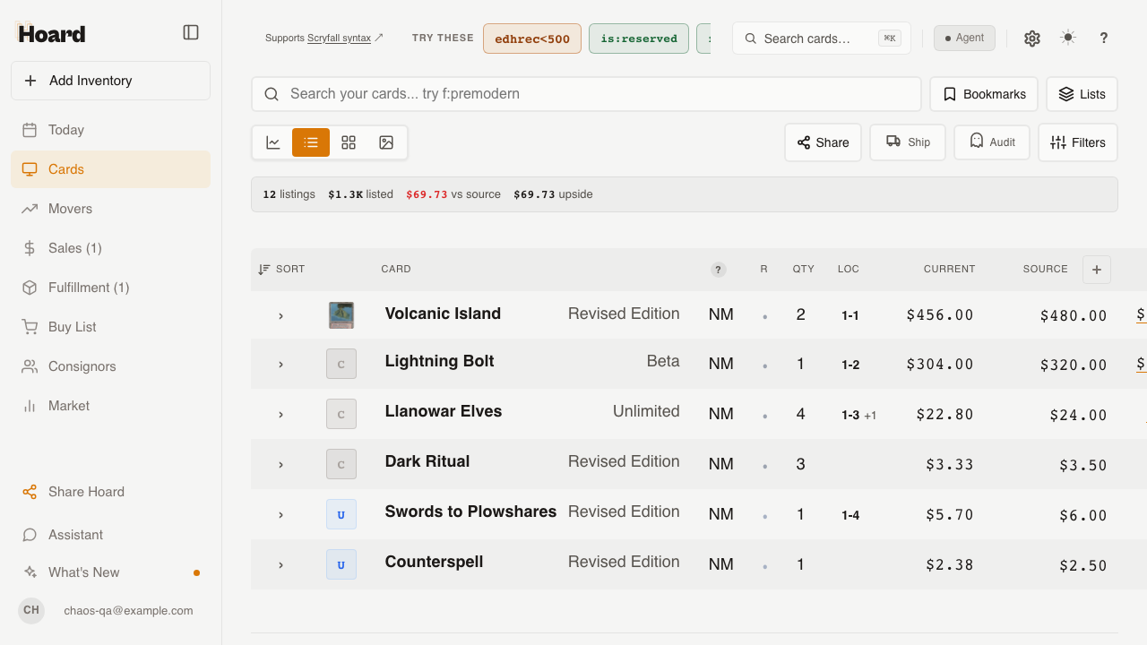 Cards tab table with a LOC column