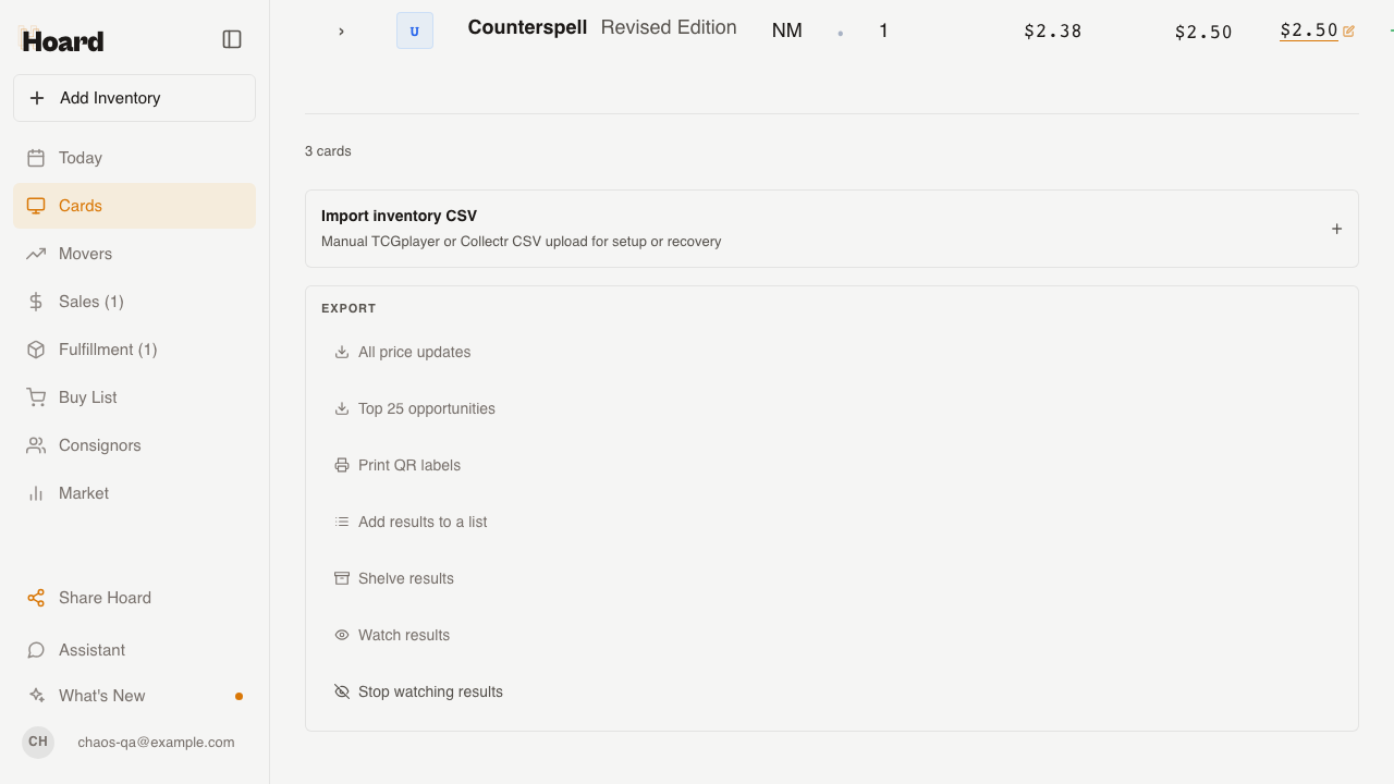 Cards tab filtered to is:unshelved with the Export panel's Shelve results button
