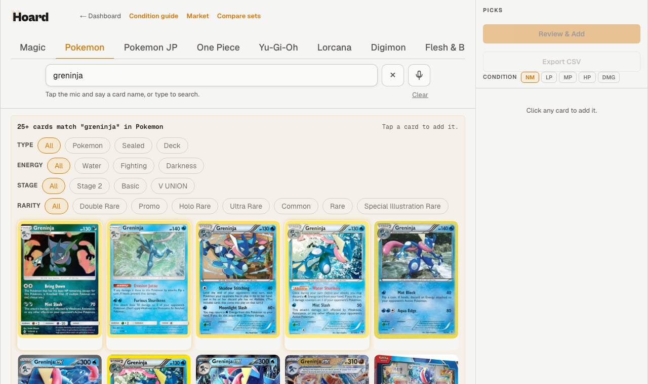 Card search for greninja: filter chips for Type, Energy, Stage, and Rarity above a grid of matching Greninja printings