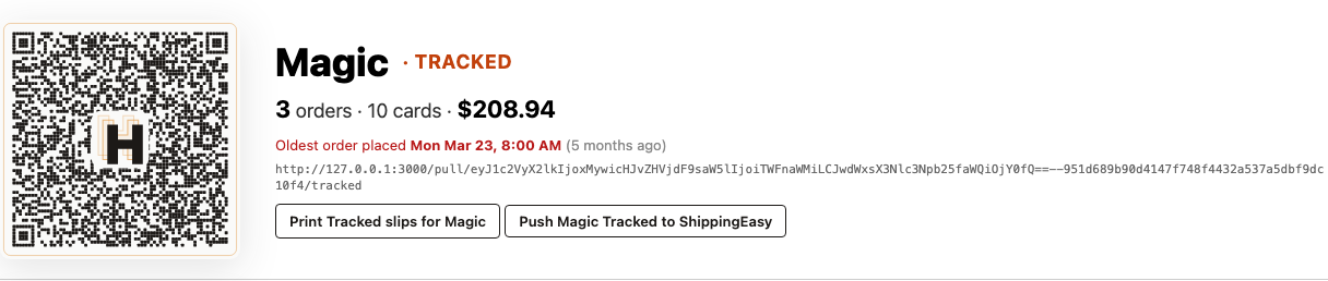 A game's Tracked row on the Visual Pull page, with its Push to ShippingEasy button