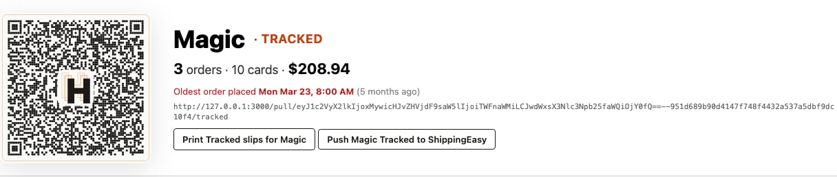 A game's Tracked row on the Visual Pull page, with its Push to ShippingEasy button