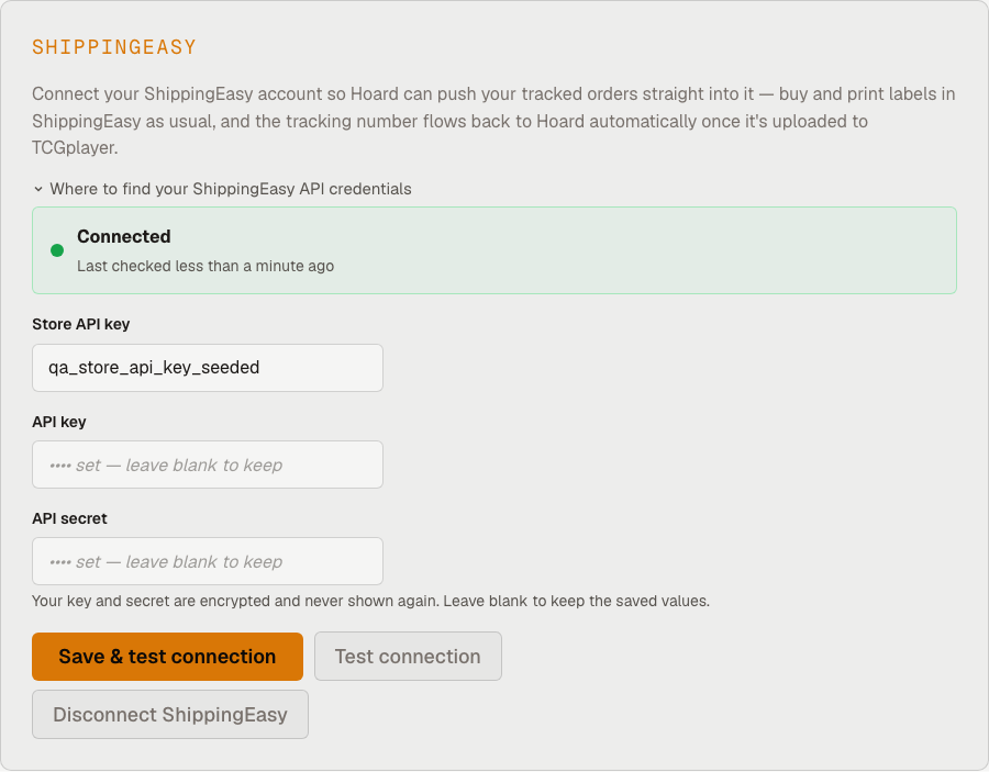 The ShippingEasy card in Hoard's Settings showing a connected status