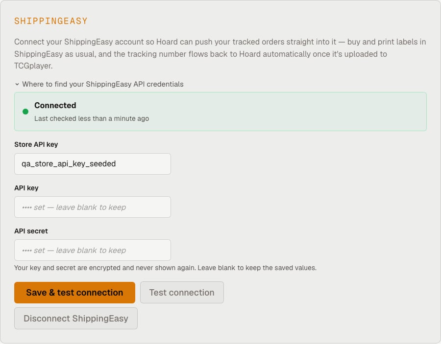 The ShippingEasy card in Hoard's Settings showing a connected status