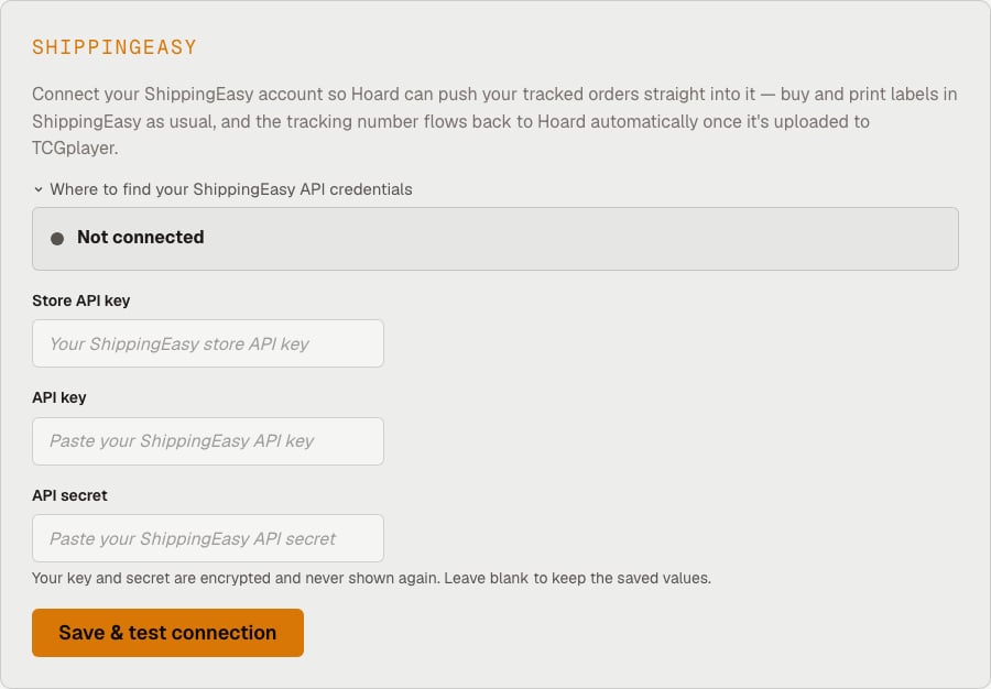 The ShippingEasy card in Hoard's Settings, not yet connected, with Store API key, API key, and API secret fields