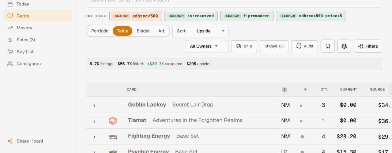 Cards tab showing the inventory table with TARGET column and Filters button