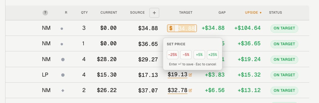 Inline price editor showing the dollar input field and quick-adjust buttons