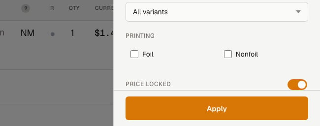 Filters panel showing the Price Locked toggle