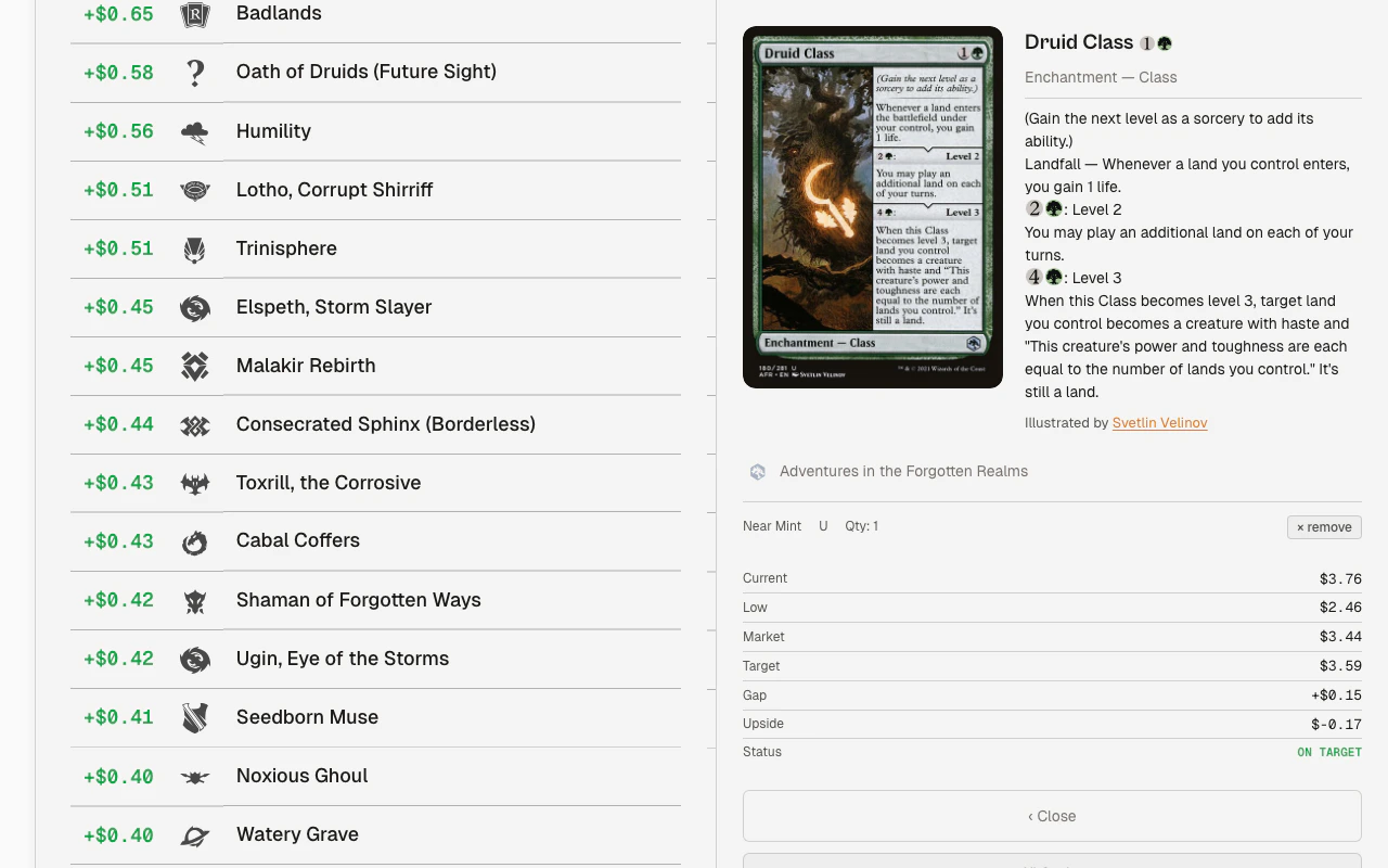 Card detail panel showing card image, oracle text, pricing table, and remove button