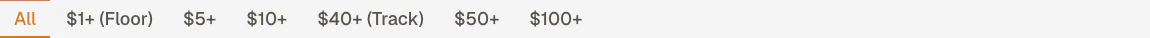 Min price toggle showing All, $1+ Floor, $5+, $10+, $40+ Track, $50+, $100+