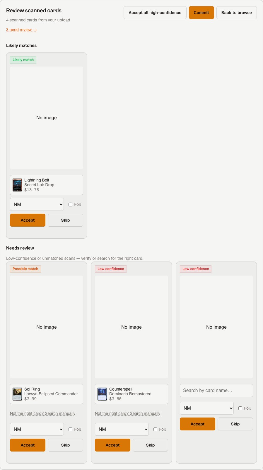 The scan review panel with a Likely matches section and a Needs review section holding a possible match, a low-confidence match, and an unmatched item