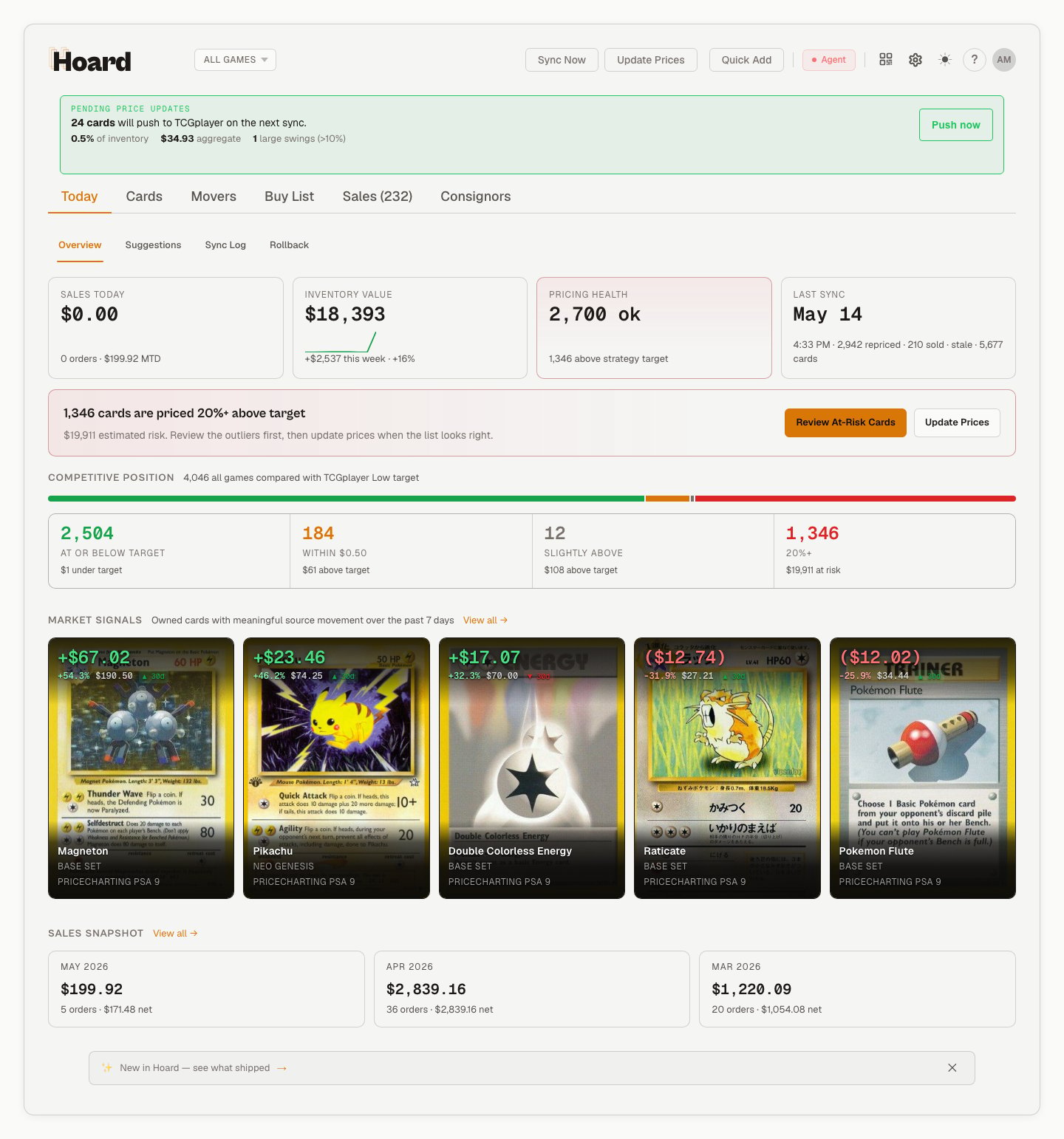 Hoard dashboard showing inventory stats, top movers, and recent sales at a glance
