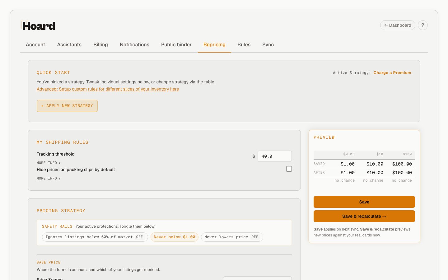 Settings Repricing tab showing the active strategy, shipping rules, and individual pricing controls