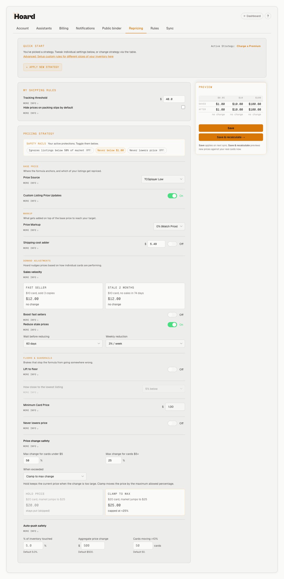 Hoard Repricing settings showing pricing strategy, shipping rules, and safety rails