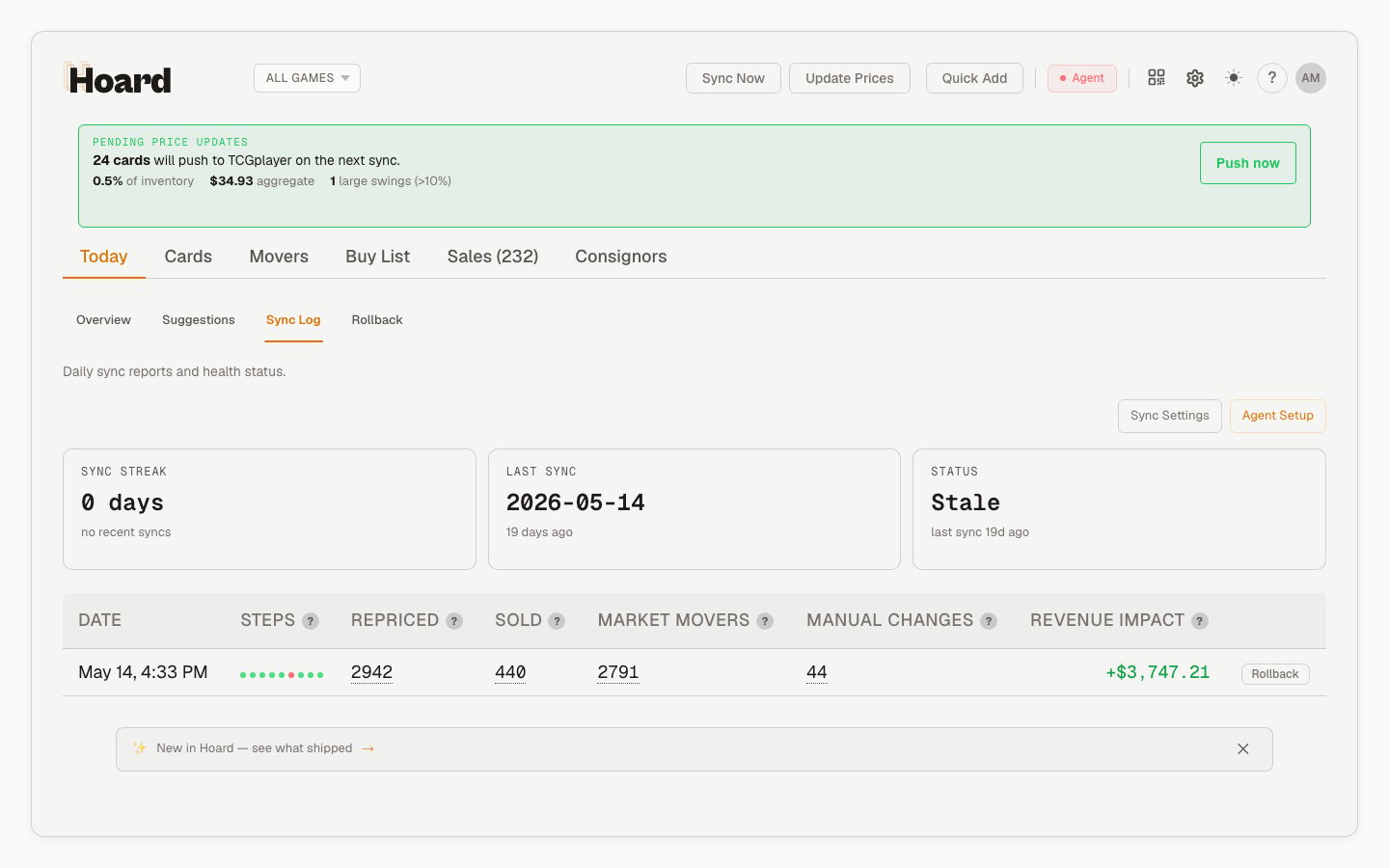 Sync Log showing sync history with step indicators, repriced counts, and revenue impact