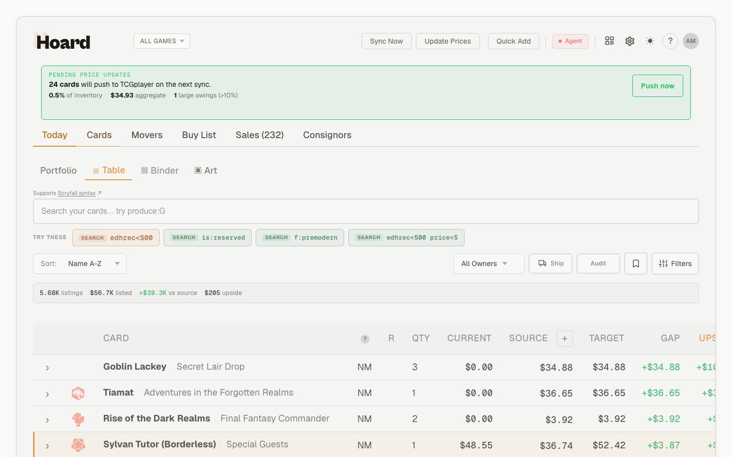 Cards tab showing the inventory table with pricing columns