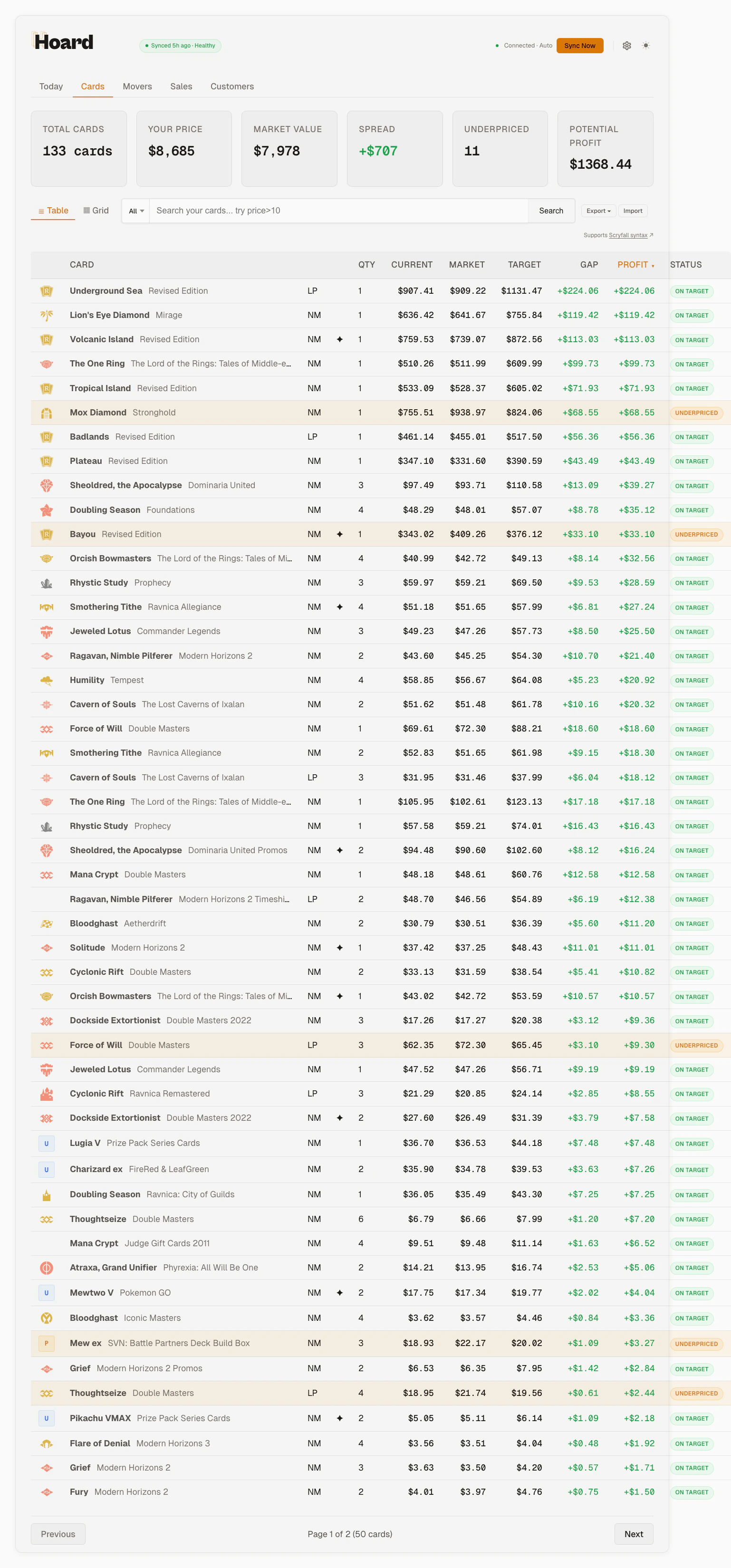 Hoard Cards tab showing your full inventory with pricing, market values, and profit tracking