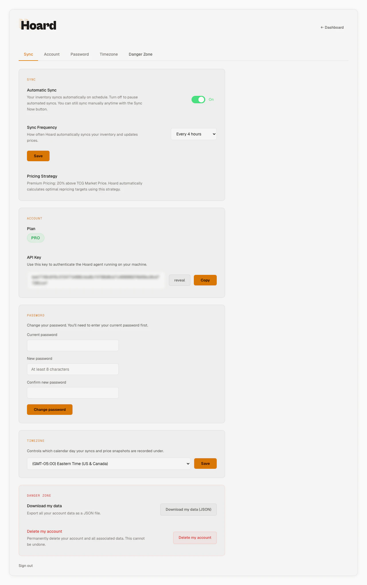 Hoard settings page showing sync frequency and pricing strategy configuration