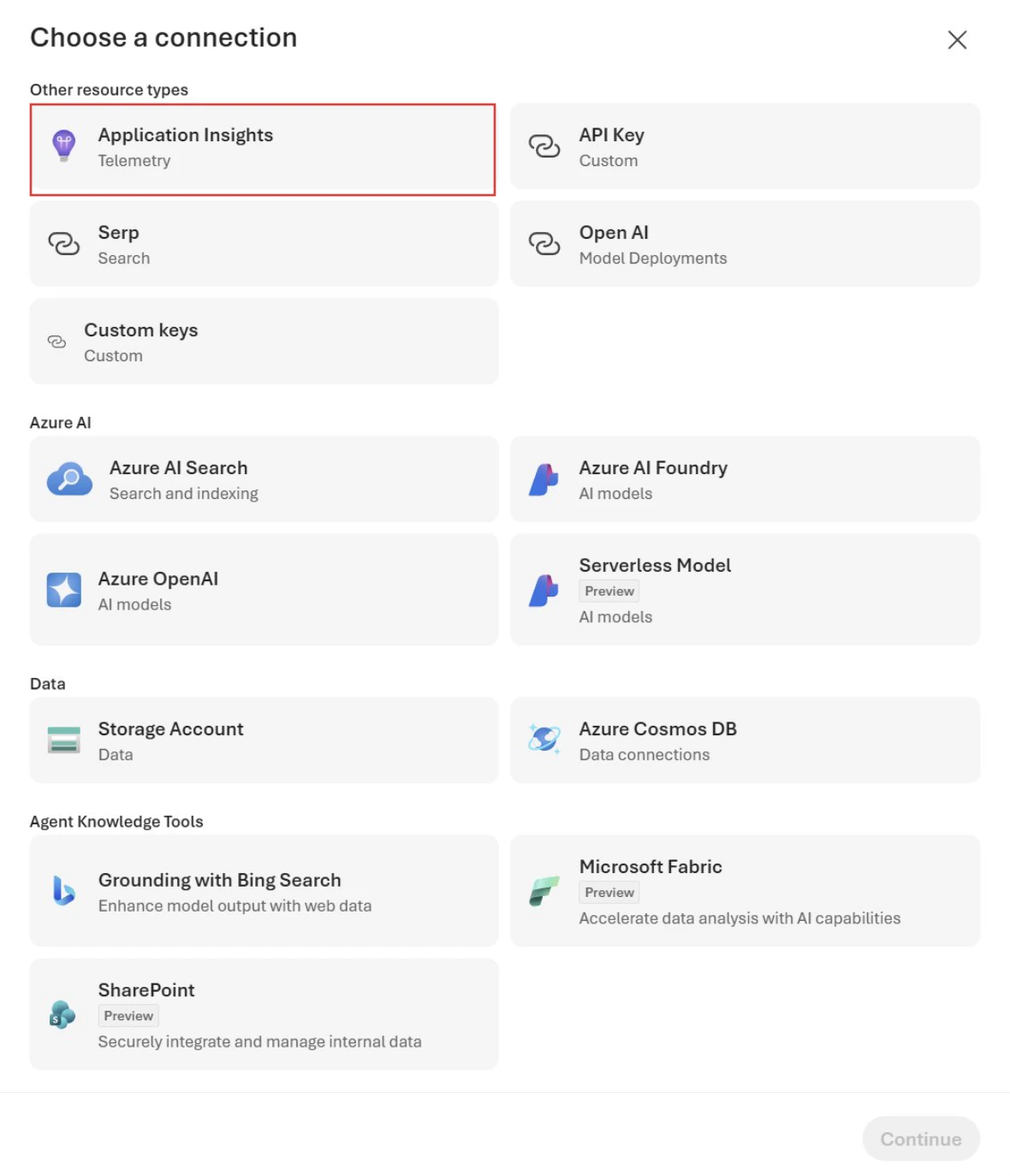 Screenshot of Choose a connection with Application Insights highlighted.
