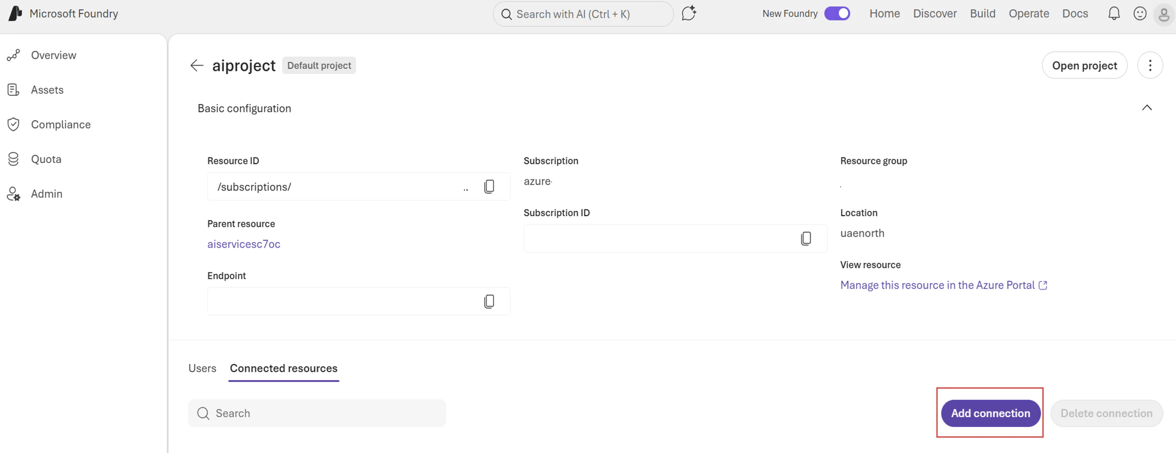Screenshot of project details with connected resources tab select highlighting add connection.