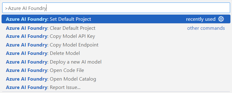 A screenshot of the Visual Studio Code command palette for Foundry.
