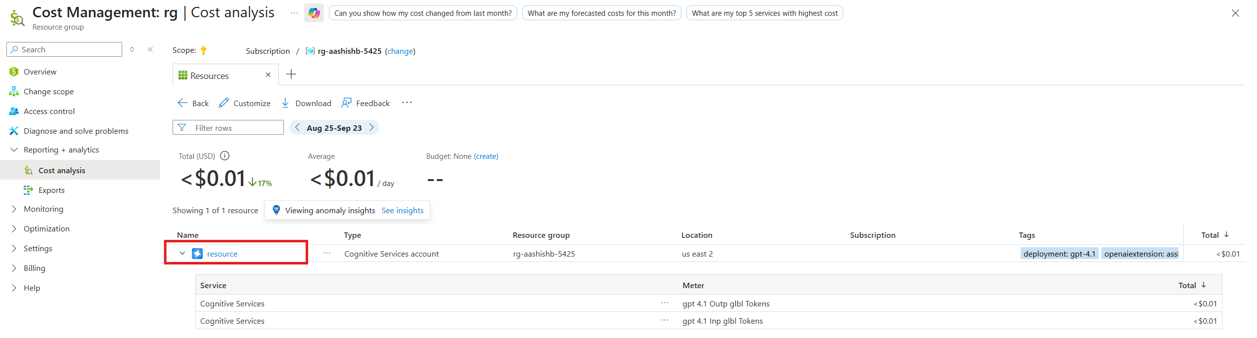 Screenshot of split of Foundry resource cost across model deployments.