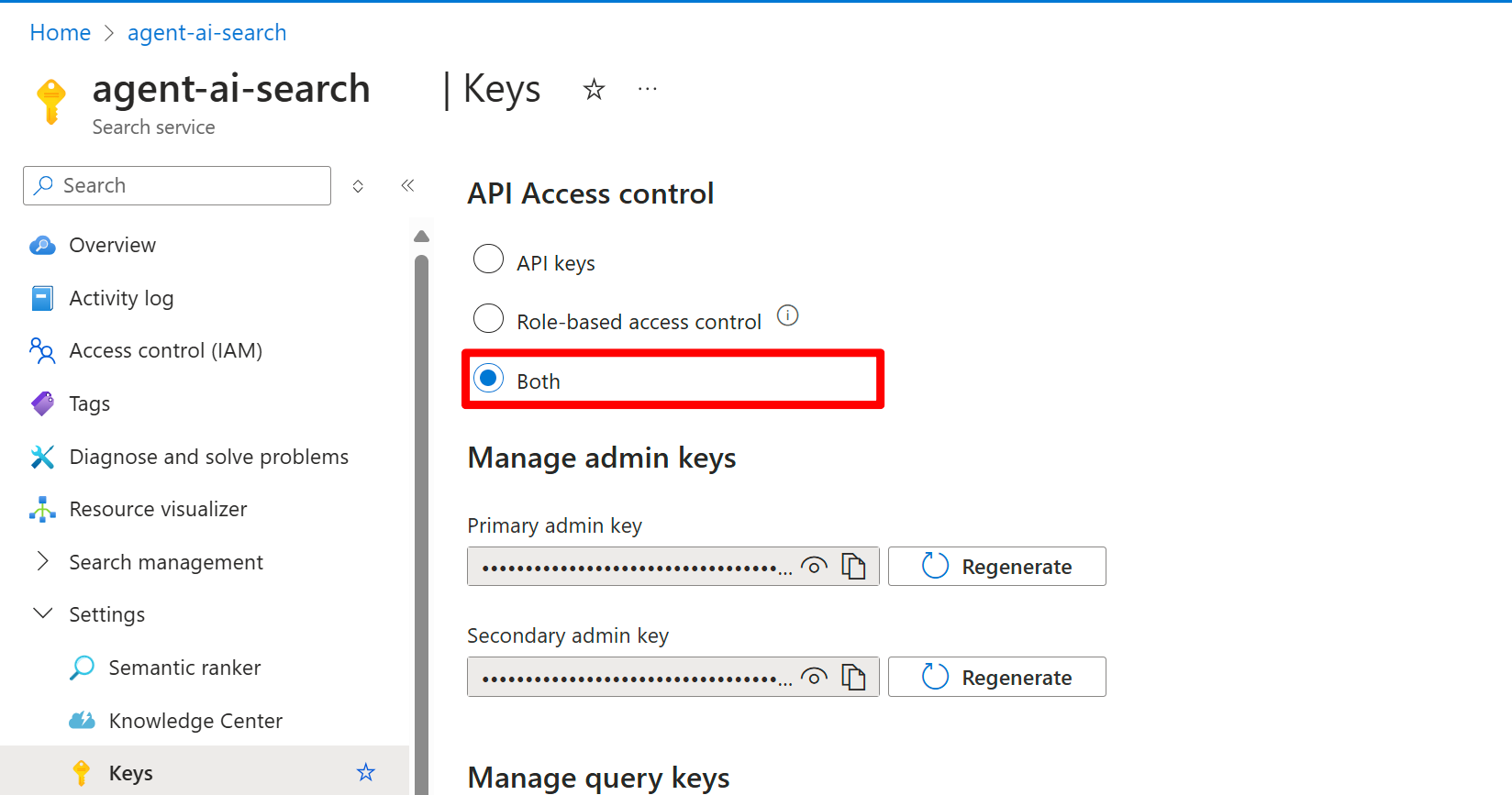 A screenshot of an AI Search resource Keys tab in the Azure portal.