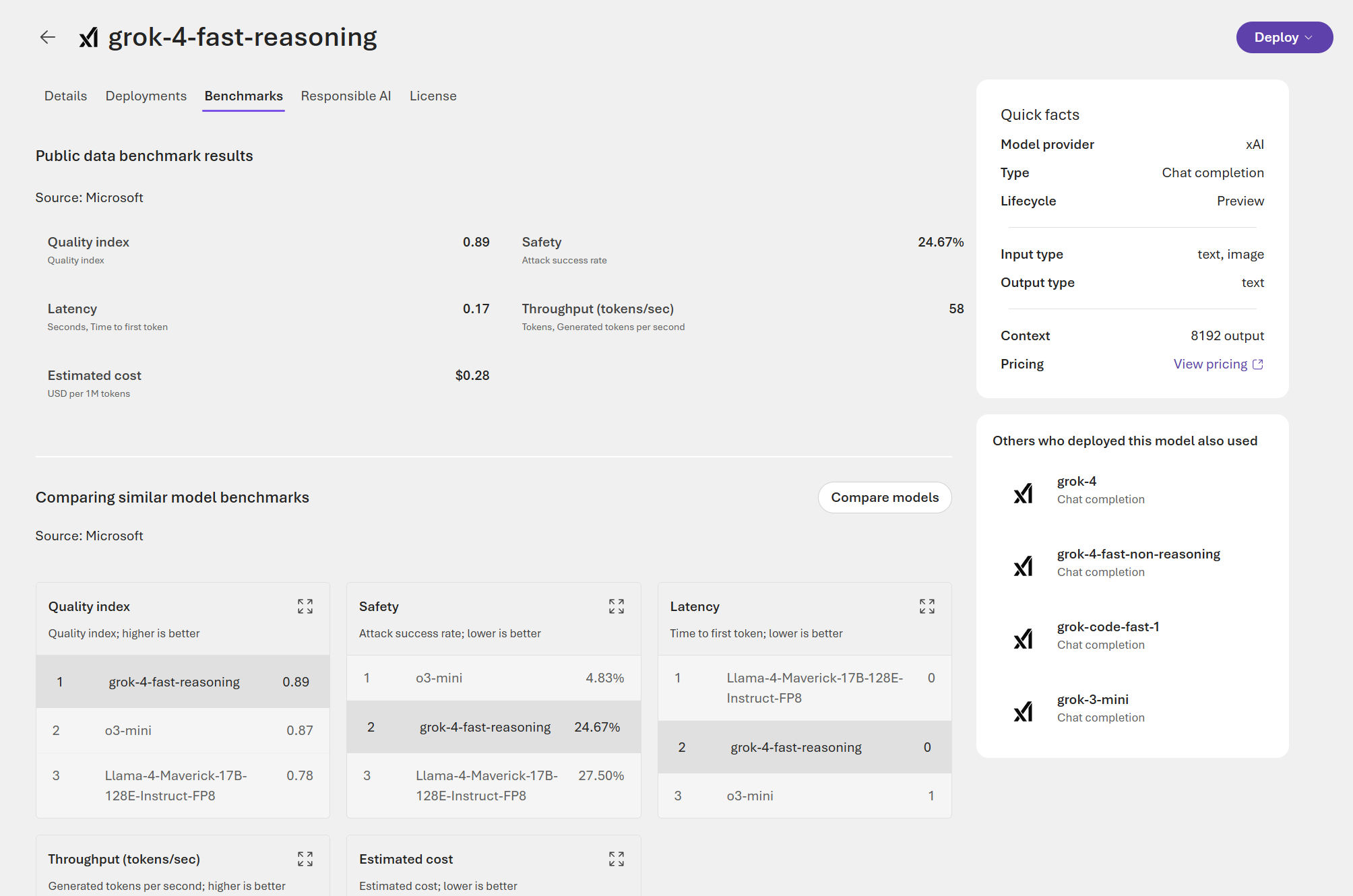 Screenshot showing the metric comparison table on the benchmarks tab.
