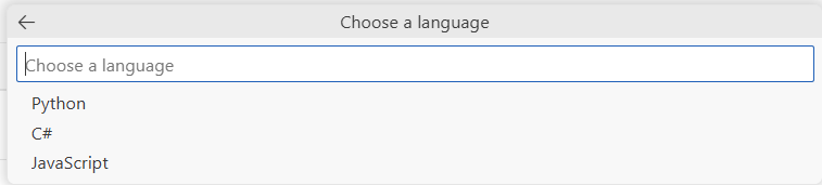 Screenshot of the dropdown list for choosing a language as part of agent code file selection.