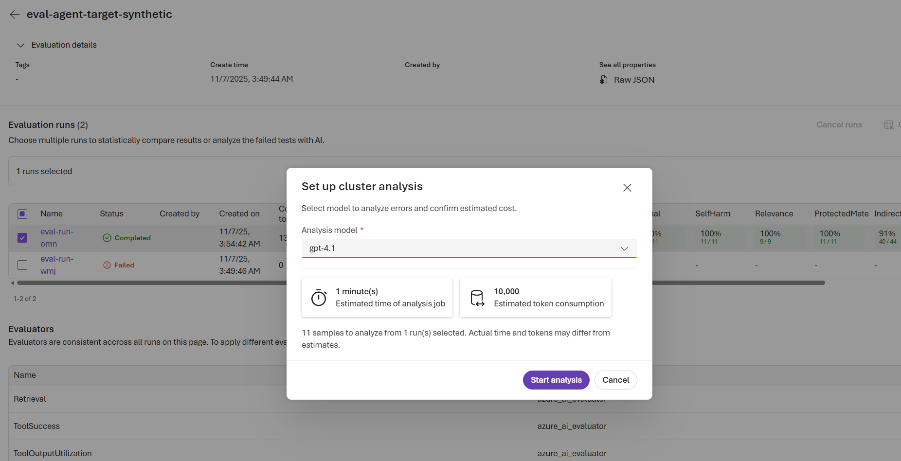 Screenshot of the setup cluster analysis window.