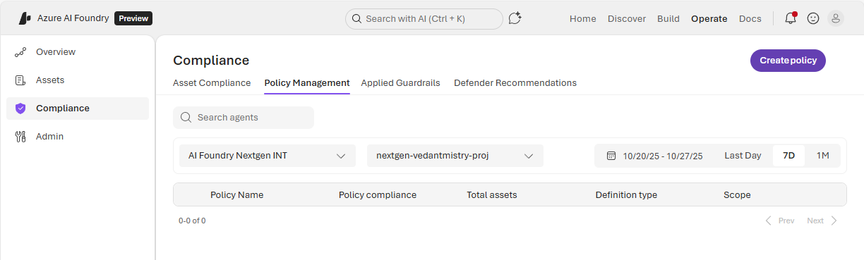 Screenshot of the Compliance pane of Foundry Control Plane.