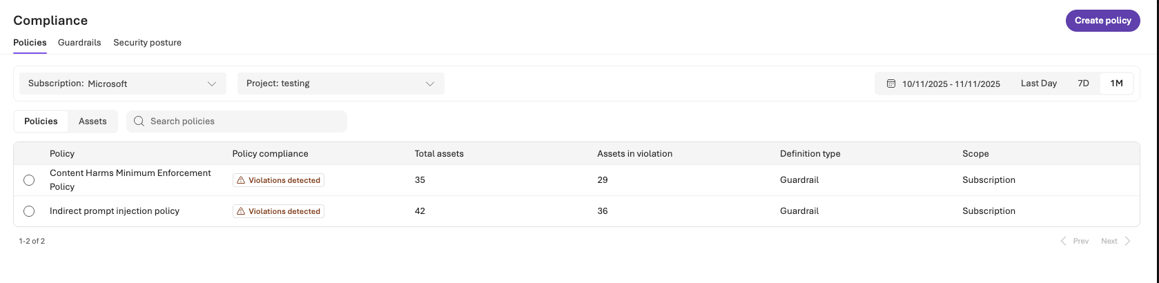 Screenshot of the Compliance pane that shows options to define, apply, and monitor AI compliance policies with Azure Policy, Microsoft Defender, and Microsoft Purview integrations.