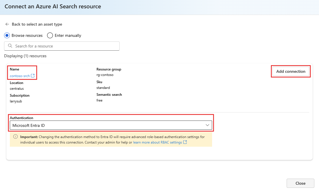 Screenshot of the page to select the Azure AI Search service that you want to connect to.