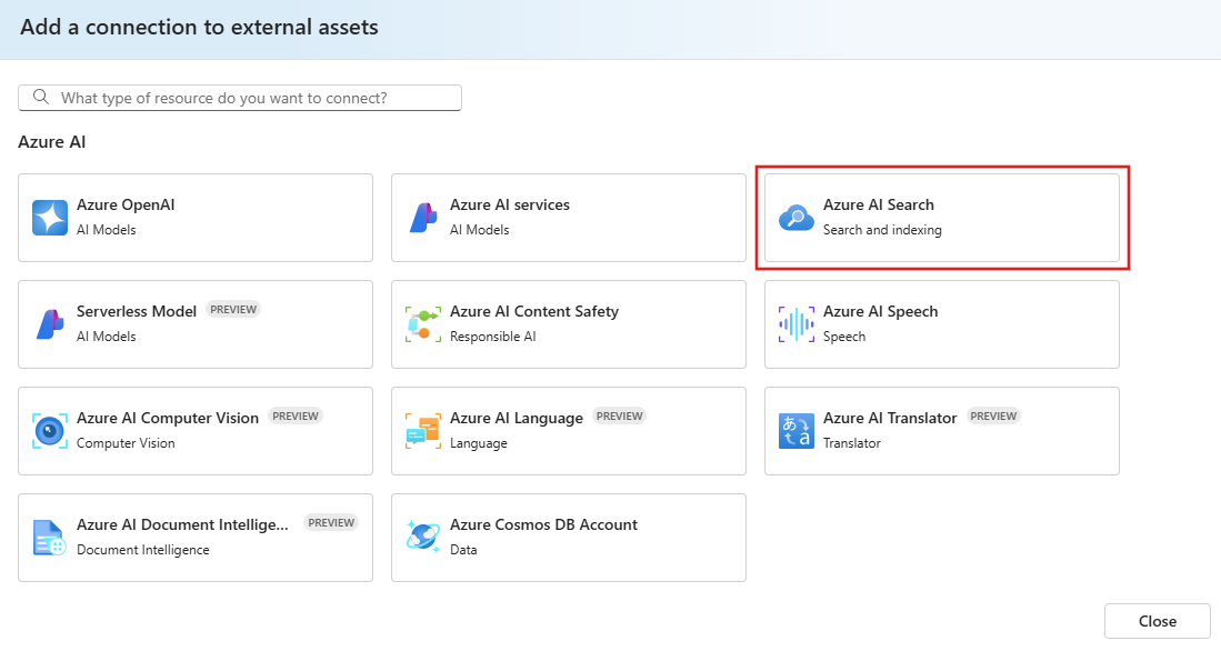 Screenshot of the page to select Azure AI Search from a list of other resources.