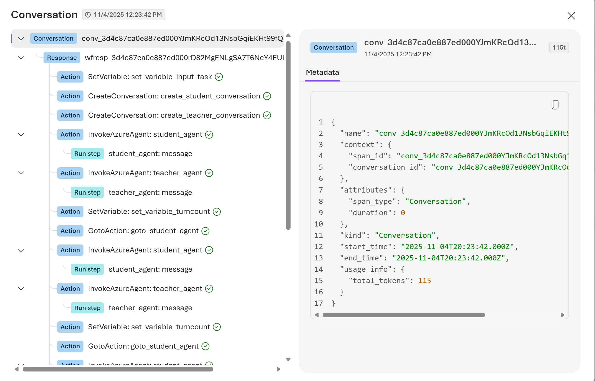 Screenshot of the Conversation details pane in Foundry showing a conversation ID with a trace timeline and run-step details.
