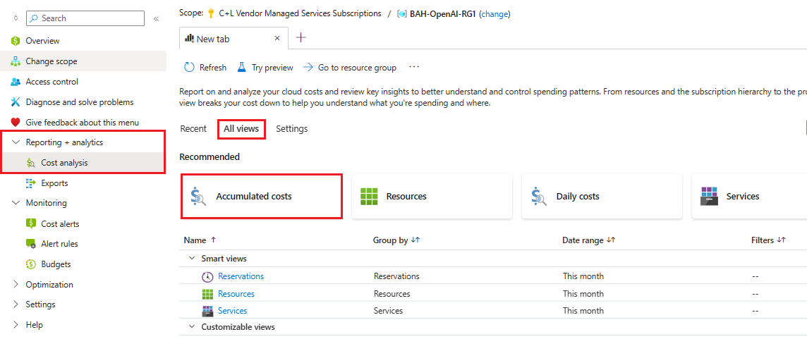 Screenshot of cost analysis dashboard showing how to access accumulated costs.