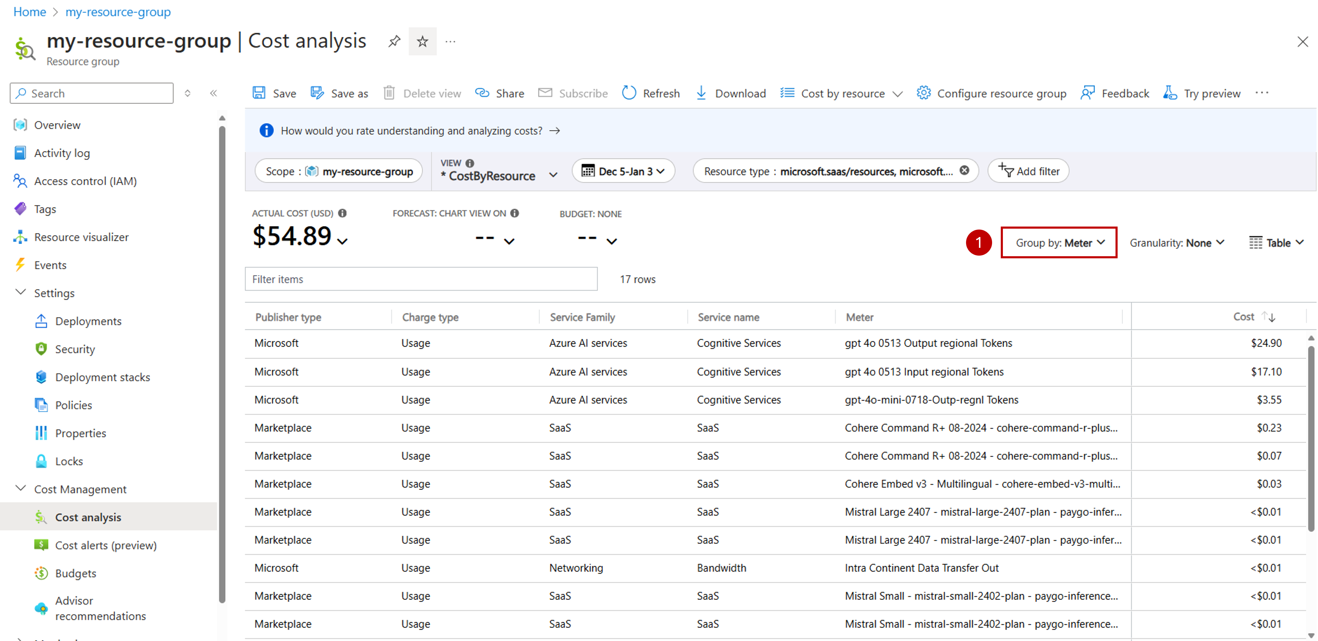 Screenshot of how to see the cost by each meter in the resource group.